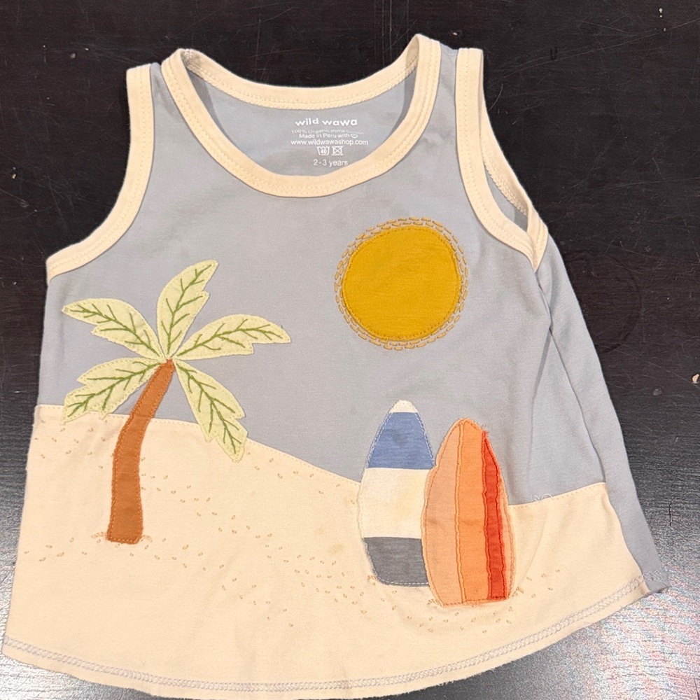 Wild Wawa 2/3 Beach Graphic Tank Top in Light Blue & Cream
